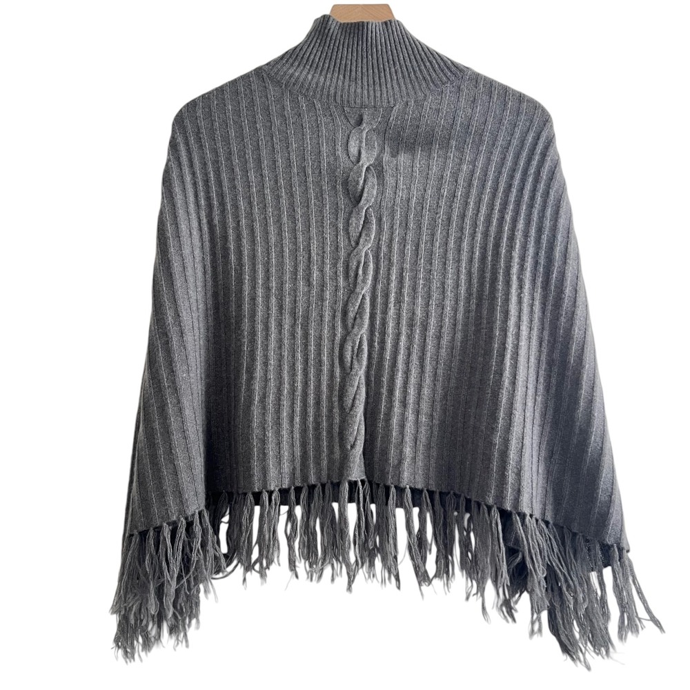 Max Studio 100% Cashmere Turtleneck Poncho Gray Ribbed Fringe One Size
